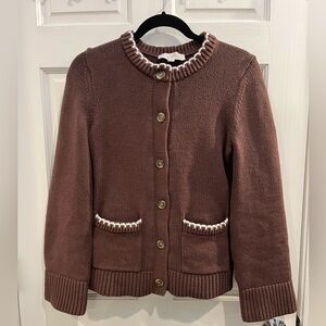 LOFT Chocolate Brown Knit Cardigan with White Trim
